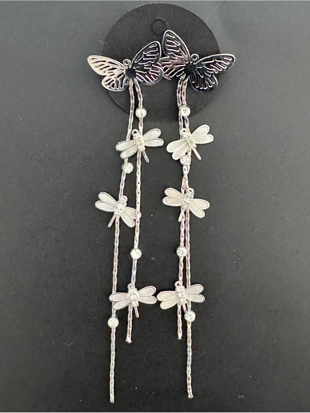Dainty Silver Butterfly & Dragonfly Long‎ Dangle Earrings Whimsy Pierced Ears